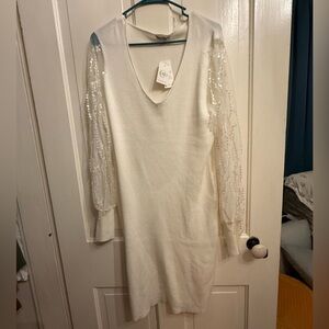 Cato Ribbed White Dress & Fringed Sequin Sleeves